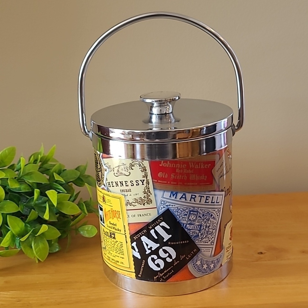 VINTAGE Mid Century Modern 1970s Whisky Label Ice Bucket Insulated Interior